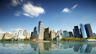 New York City Skyscrapers Buildings Water Blue Sky Wallpaper Jpg