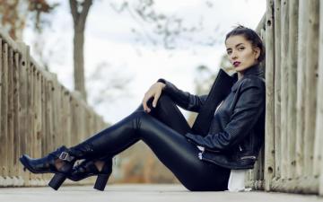 Wallpaper Black Leather Jacket Girl Sit On Ground HD