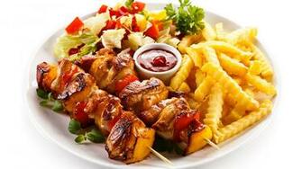 Image Shashlik French Fries Ketchup Food Plate Meat