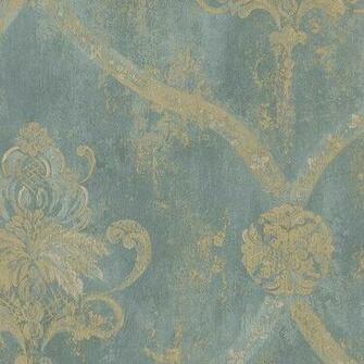 Aqua Blue Gold Weathered Damask Wallpaper Living Room Or