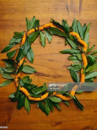 Maile Ilima Lei On Koa Wood Background Stock Photo