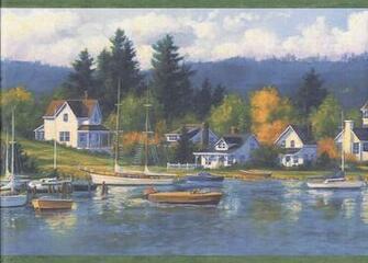 Green Lake Houses Forest Wallpaper Border Lodge Outdoors