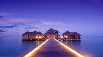 Beach Resort Hut Dock Bridge Ocean Scenery 8k Wallpaper