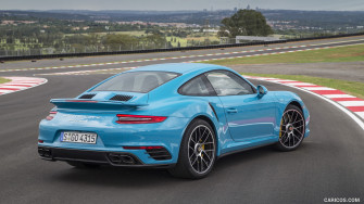 Porsche Turbo S Coupe Color Miami Blue Rear Caricos
