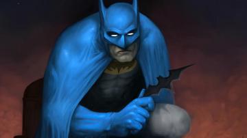 Batman With Blue Cape And Batarang By Jake Perez