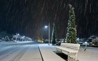 Nature Landscapes Roads Winter Snow Snowing Bench Night Lights Lamp