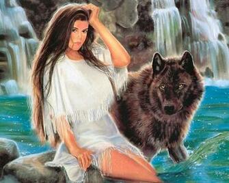 Native American Woman And Black Wolf Computer Wallpaper Desktop