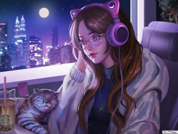 Anime Girl Lofi Cat HD Wallpaper