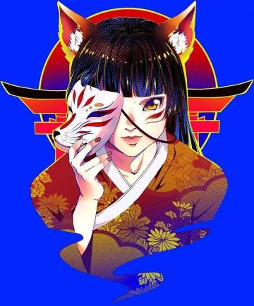 Cute Anime Fox Girl Holding Inari Mask Great Print For Japan