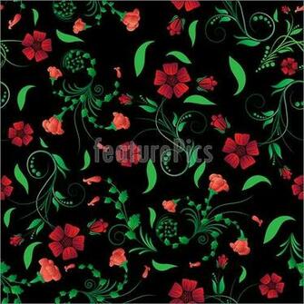 Red And Green On Black Floral Seamless Background