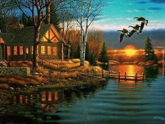At Lake Base Boat Cabin Cottage Evening Flying Geese