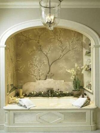 Alcove W Arch And Wallpaper Mural Shelves Marble Surround Splash
