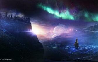 Wallpaper Water Ship Planet Glow Northern Lights