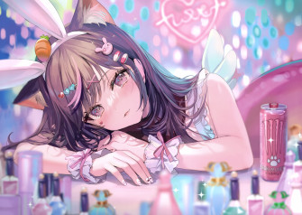 Anime Girls Bunny Ears Makeup Monster Energy Painted Nails