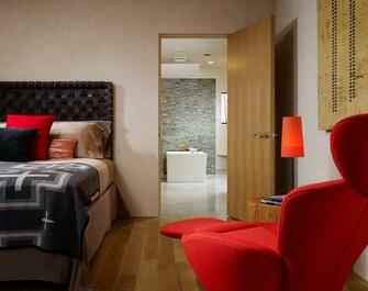 Plaster Walls Oak And Concrete Floor Wet Bath Tub Modern Bedroom