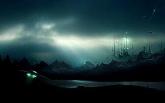 Wallpaper Water Mountains Futuristic