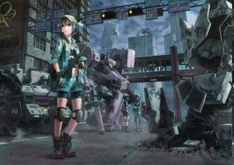 Mech Anime Gun Apocalyptic Blue Eyes Hair Girls