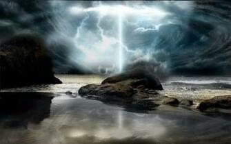 Fantasy Clouds Sky Stone Storm Water Full HD Desktop Wallpaper
