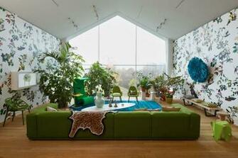 Green Sofa White Blue Living Room Patterened Wallpaper Interior