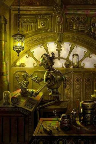 Steampunk Robots Repair Workshop iPad iPhone HD Wallpaper