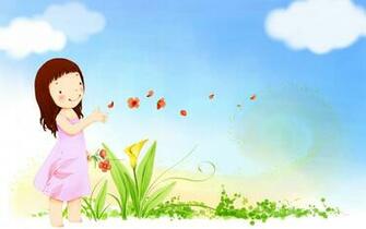 Summer Happy Cute Vector Girl Butterfly Flowers Sky Clouds Wallpaper