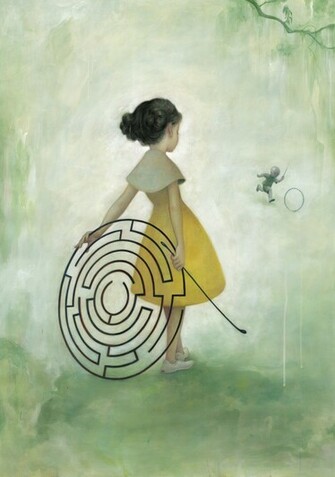 James Jean Green Background Branch Playing Games Yellow Outfit