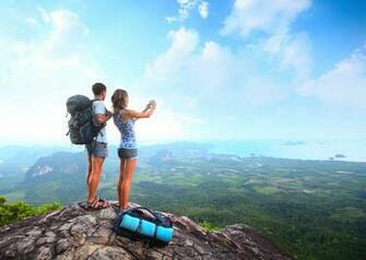 Hiking Mountain Height Valley Sea Backpacks Clouds Wallpaper