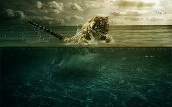 Tijger Die Uit De Zee Springt En Vissen Zwemmen In Het Heldere Water