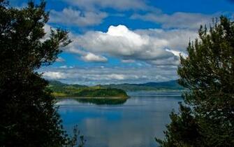 Hidden Lake Trees Clouds Wallpaper