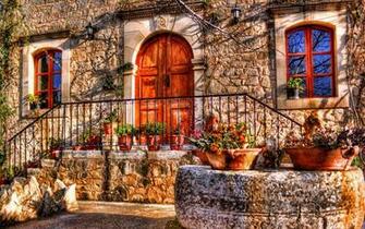Wallpaper House Facade Door Window Flowers Porch HDr