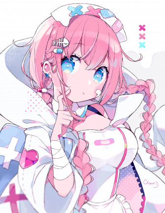 Pink Hair Vertical Digital Art Blue Eyes Nurse Outfit