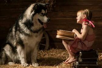 Wallpaper Little Girls Alaskan Malamute Dog Suitcase Book