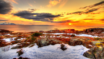 Norway Sunset Sea Pebo Snow Beach Landscape Wallpaper HD