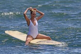 Margot Robbie In Swimsuit Surfing Hawaii