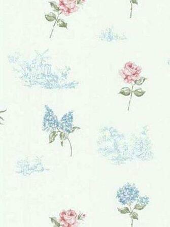 White Blue Green Pink Rose Hydrangea Toile Wallpaper Fd45764