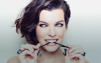 Milla Jovovich Actress Brunette Close Up Face Girl Gray