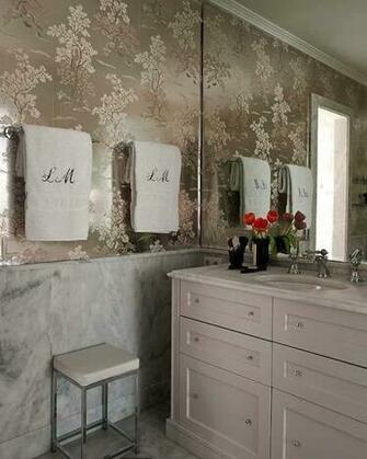 With Metallic Foil Wallpaper Paired Marble Slab Backsplash