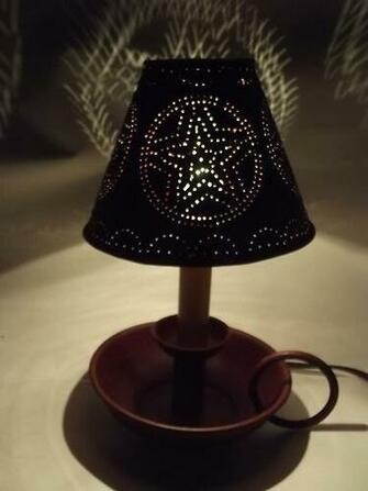 Primitive Tole Table Lamp W Punched Tin Shade Country Barn Red Paint