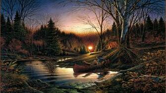 Terry Redlin Morning Solitude Art Autumn Sunrise Forest Tent