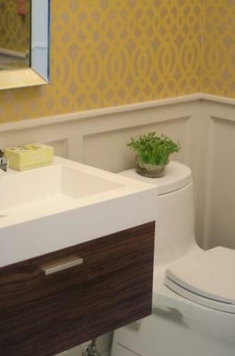 Yellow Trellis Wallpaper Contemporary Bathroom Benjamin Moore