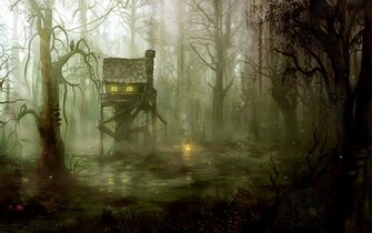 Houses Swamp Jungle Forest Trees Fire Flames Fog Mist Lakes Wallpaper
