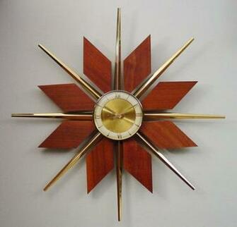 Mid Century Modern Starburst Wall Clock Teak Brass Sunburst 50s 60s