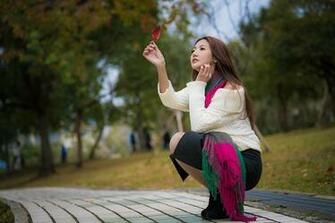 Wallpaper Brown Haired Blurred Background Pose Lovely Female Asian