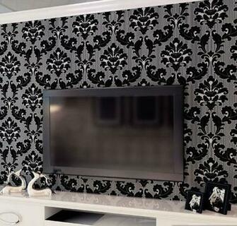 Velvet Flocking Romantic Black Silver Damask Wallpaper 10m Roll