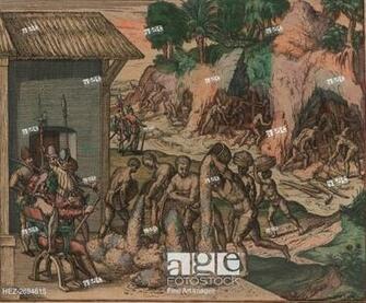 Slaves Pour Ore In Front Of European Soldiers The Background