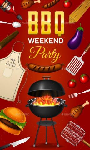 Barbecue Grill Elements Set Isolated On Red Bbq