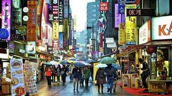 Architecture Seoul City Sky People Crowd Umbrella Wallpaper Background