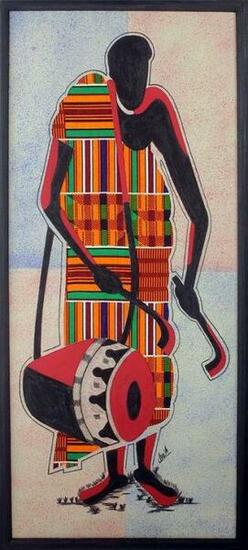 Drum Theme Mixed Media West African Folk Art Composition