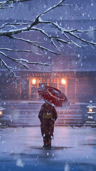 Winter Kimono Anime Girl Art Wallpaper iPhone Phone 4k 4070e