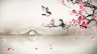 Art Asian Oriental Flowers Blossom Bridges Wallpaper